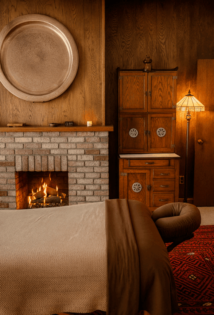 Cozy massage room with a fireplace and wood furnishings at Massage Grotto SF