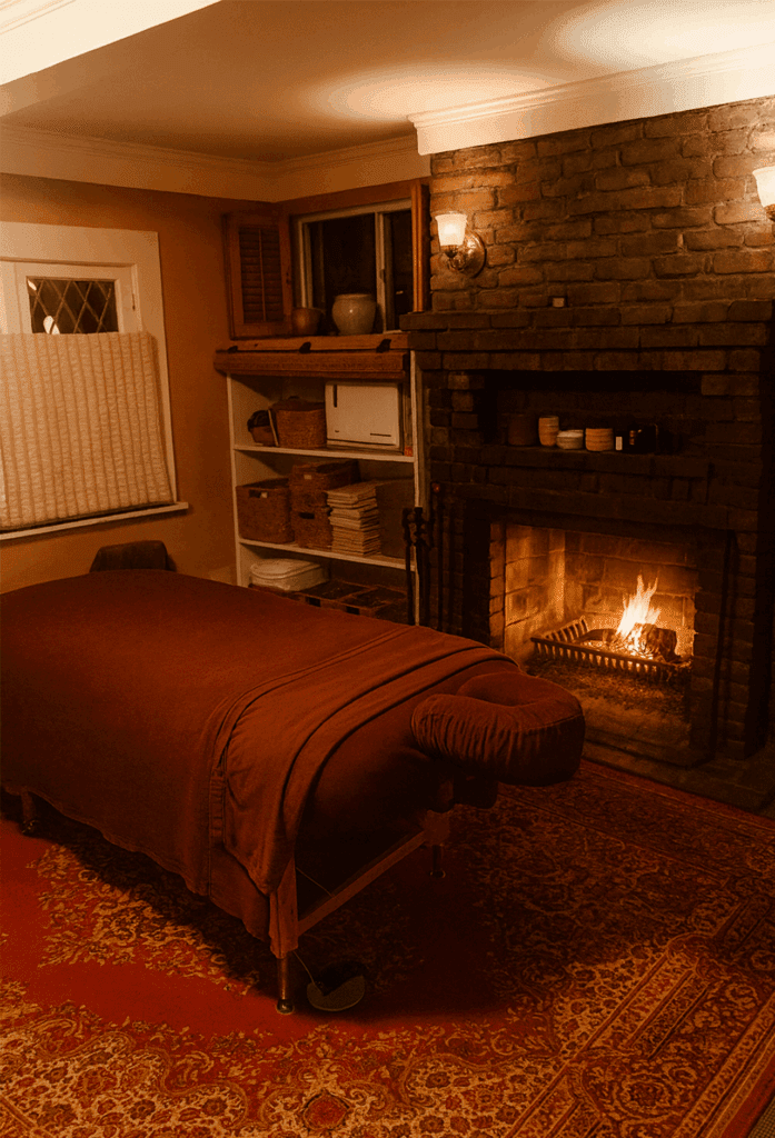 Massage room at Massage Grotto SF featuring a lit fireplace and treatment table.